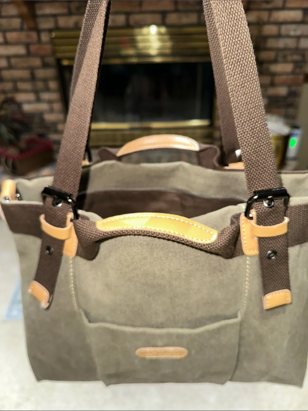 K-Two Olive Canvas Tote with Dark Brown Straps